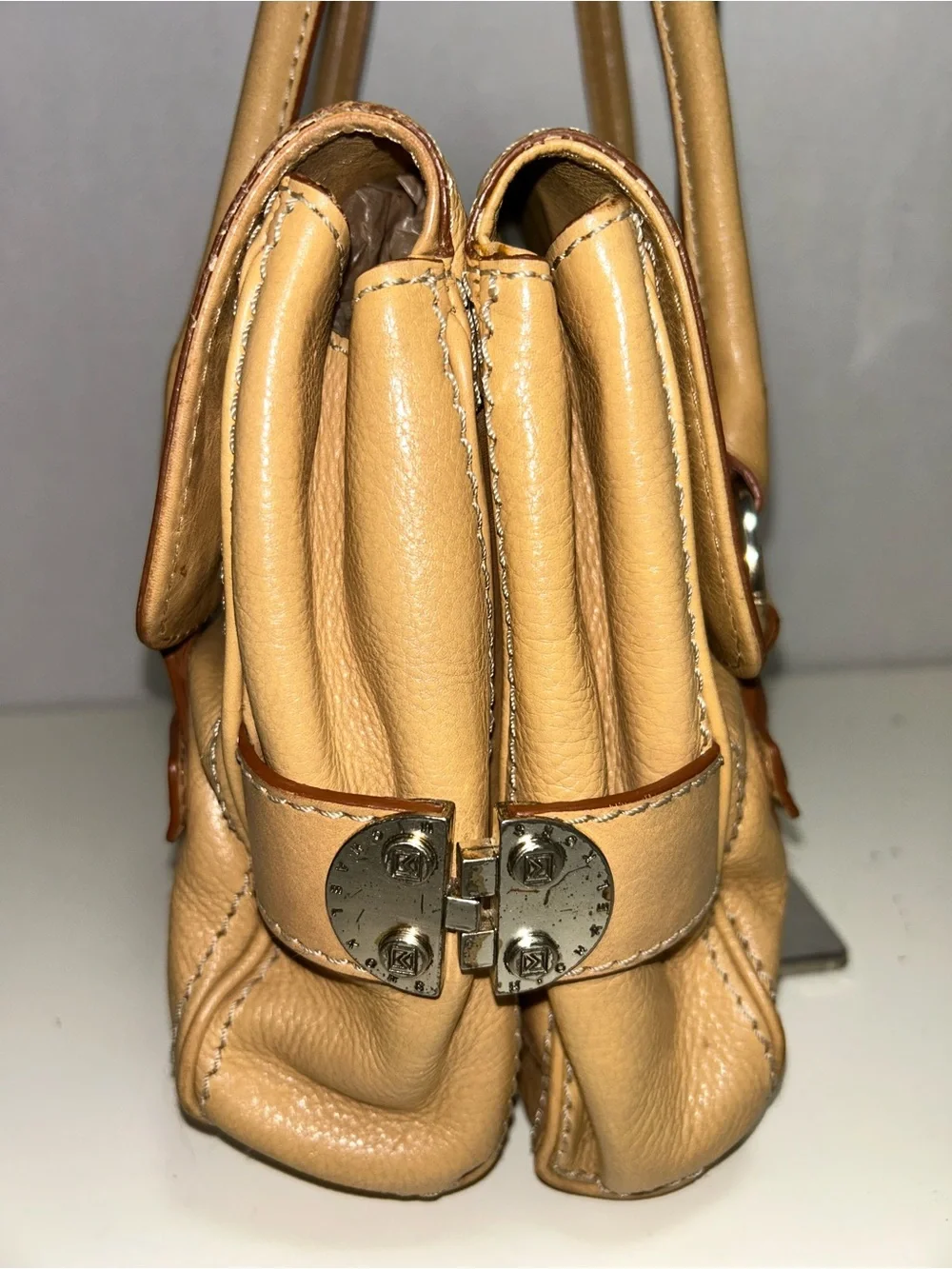 Michael Kors Y2K Tan Pebbled Leather Double Flap Three Section Satchel